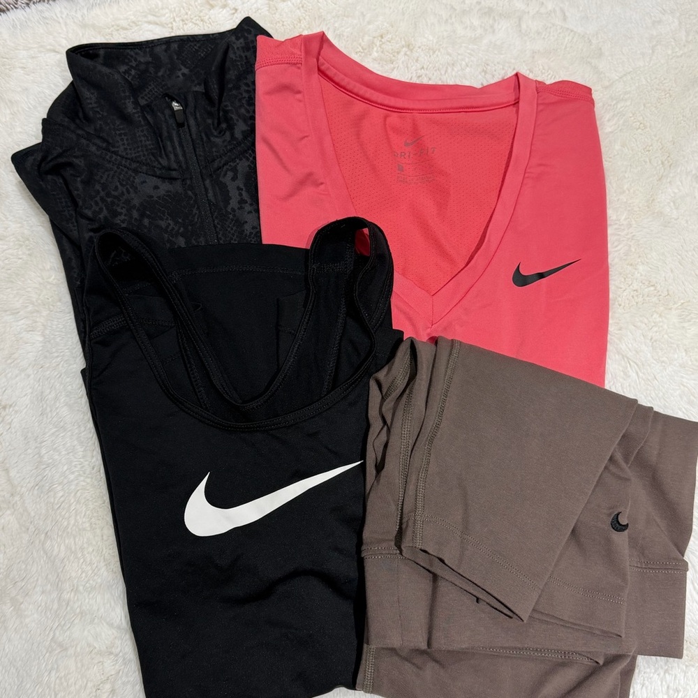 Nike Women's bundle-Dri-fit tank top, shirt and half zip, & with brown leggings